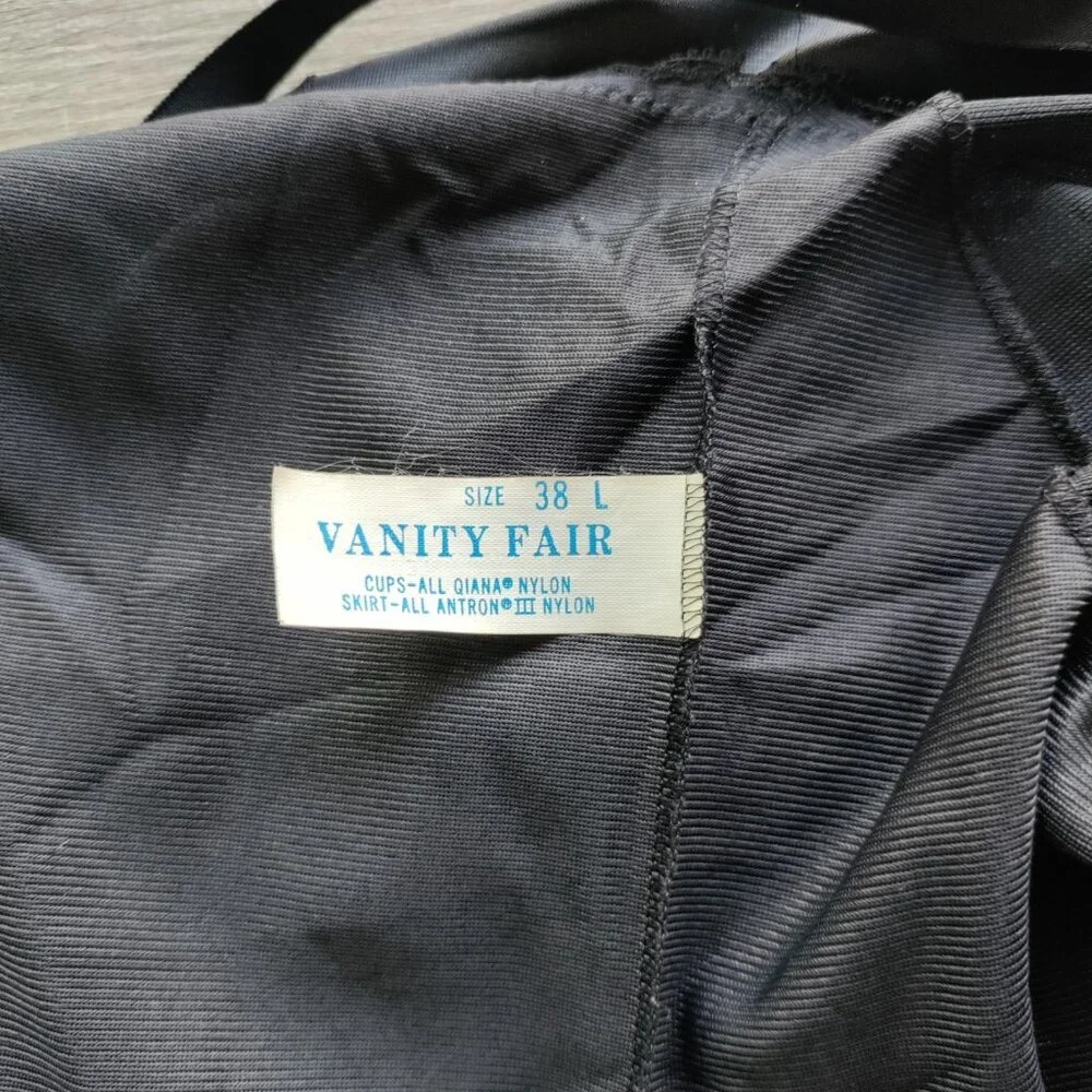 Vintage Vanity‎ Fair Black Nylon Slip Dress Size 38 L Slippery Lace Trim  USA